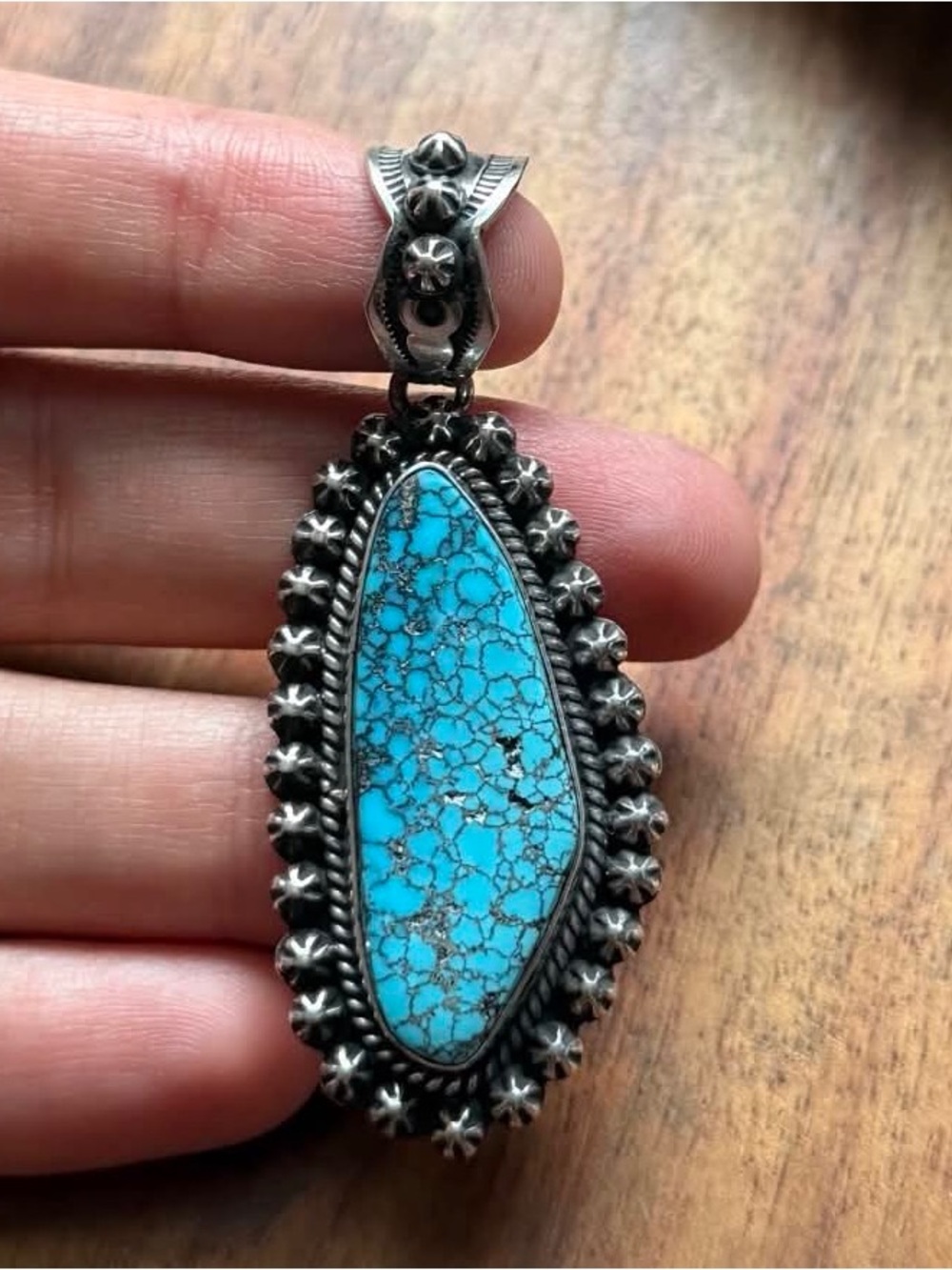 Navajo Sterling Silver Kingman Spiderweb Turquoise Pendant H Piasso
